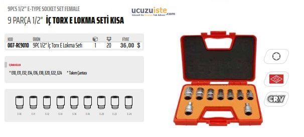 Rico 9 PARÇA 1/2” İÇ TORX E LOKMA SETİ KISA